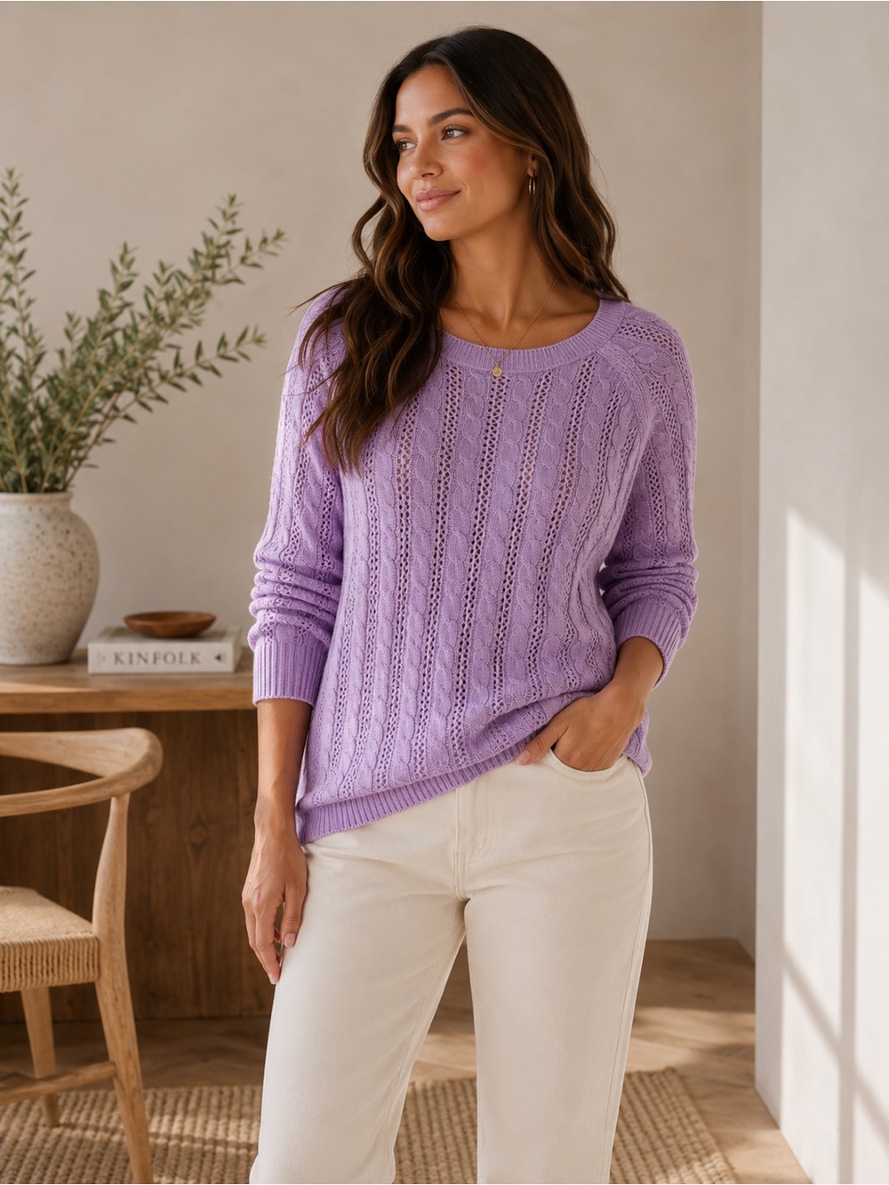 American Eagle Outfitters Purple Cable Knit Open Weave Crewneck Sweater Size S